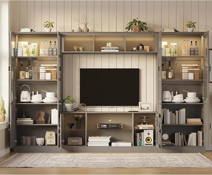 MEISSALIVVE 4-Piece Wall Unit TV Stand with Storage & LED Lights for TVs up to 75", Modern Entertainment Center with Bookshelves & 4-Door Pantry Cabinet, Gray