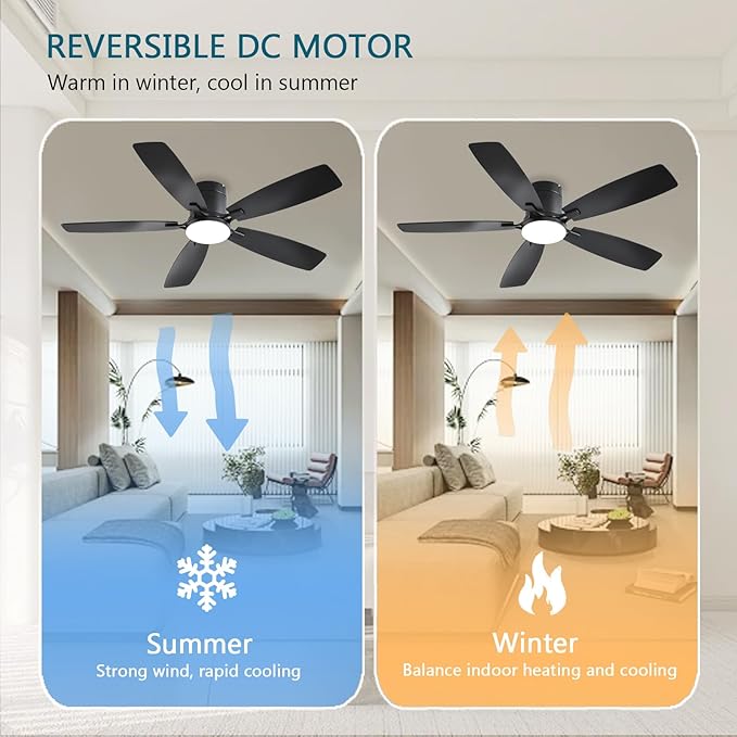 Ceiling Fans with Lights, 52 inch Low Profile Ceiling Fan with Light and Remote Control, Flush Mount, Reversible Motor, Dimmable, Noiseless, Black Ceiling Fan for Bedroom, Indoor/Outdoor Use