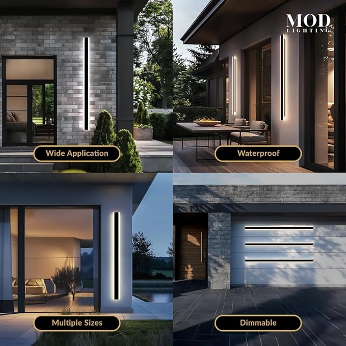 𝗠𝗢𝗗 𝗟𝗜𝗚𝗛𝗧𝗜𝗡𝗚 Haylen | Waterproof Outdoor Wall Light, LED Dimmable with Remote 3000K-6000K, Long Outdoor Porch Lights, Wired Lighting Fixture, Patio Exterior Wall Sconce, 2-Pack (Black, 59")