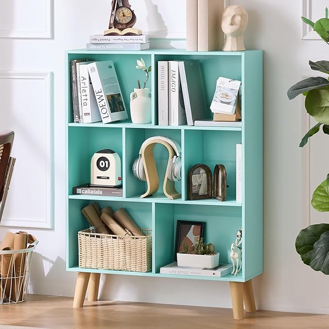 LEYAOYAO 7 Cube Bookshelf 3-Tier Bookcase with Legs, Mint-Green Kids Book Shelf Cute Storage Organizer, Toy Shelves Bookshelfs,Wood Display Bookcases