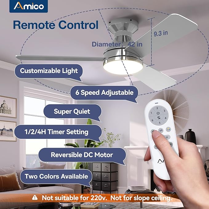 Amico Ceiling Fans with Lights, 42 inch Low Profile Ceiling Fan with Light and Remote Control, Flush Mount, Reversible, 3CCT, Dimmable, Noiseless, Nickel Ceiling Fan for Bedroom, Indoor/Outdoor Use