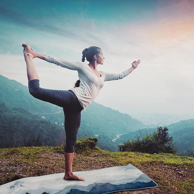 QIYI Large Yoga Mat Towel with Corner Pockets, Non Slip Sweat Absorbent Hot Yoga Towels, Soft Yoga Blankets with Travel Bag, Skidless Mat Cover for Workout, Gym, Fitness - 74"x26", Watercolor Mountain