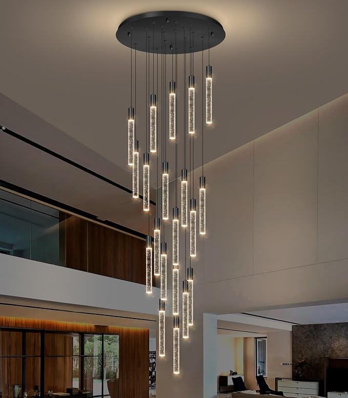 13 Foot High Ceiling Chandelier for Entryway Modern Crystal Lights for Living Room Foyer Flush Mount Sloping Ceiling Pendant Light Fixture Remote Dimmable 20-Lights Black