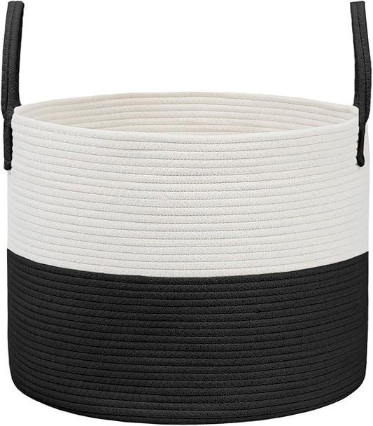 Woven Blanket Basket,65L Large Rope Storage Bin with Handles, Organizer for Blankets Toys Book and Clothes, Laundry Basket for Living Room Bedroom Nursery,White&amp;Black