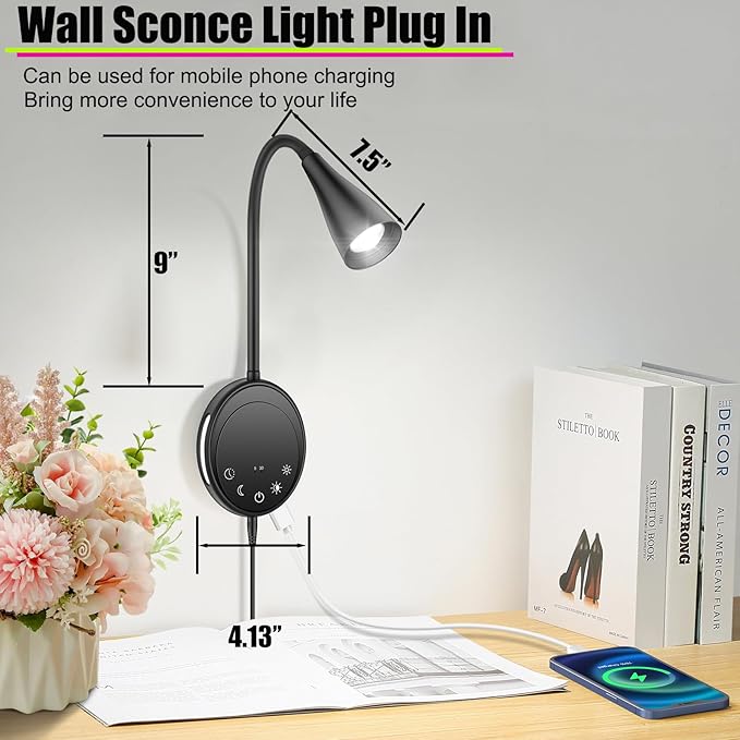 Wall Sconce Light Plug in, Wall Lamps USB Output 5 Color Dimmable Timer Touch Control, Bedside Reading Light, 360°Rotate Flexible Gooseneck Wall Lighting for Bedroom Living Room