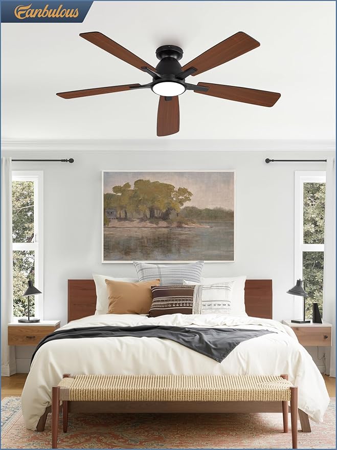 52 inch Ceiling Fans with Lights, Smart Flush Mount Ceiling Fan and Remote APP, Modern Low Profile, 3CCT 20W LED with 6-Speeds Quiet Reversible Motor for Bedroom, Living Room, Kitchen, Black