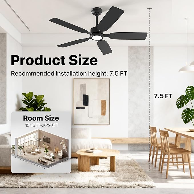 Ensenior Ceiling Fans with Lights and Remote, 52 Inch Black Ceiling Fan with Light, 6 Speeds, 3CCT, Noiseless, Reversible DC Motor, Modern Ceiling Fan for Bedroom and Living Room - 5 Blades