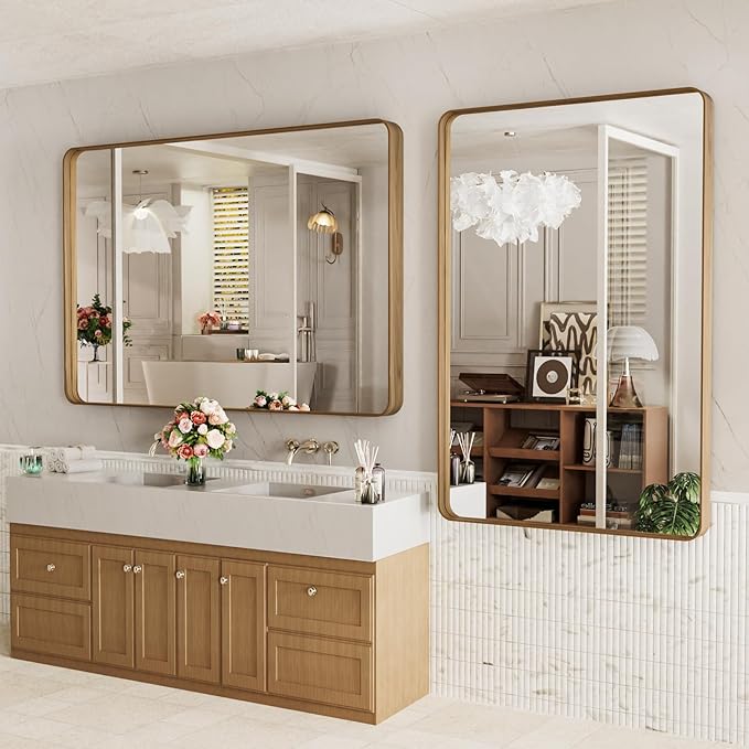 LOAAO 55X36 Inch Bathroom Mirror with Wood Grain Colored Metal Frame, Rounded Rectangle Metal Framed Bathroom Mirror, Anti-Rust, Hangs Horizontally or Vertically, Tempered Glass