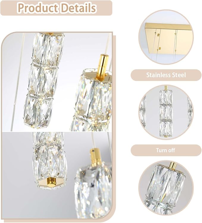 16-Lights Modern Crystal Chandelier Rectangular Dining Room Chandeliers LED Pendant Lighting Fixture for Kitchen Island High Ceiling Chandelier for Staircase Foyer Entryway