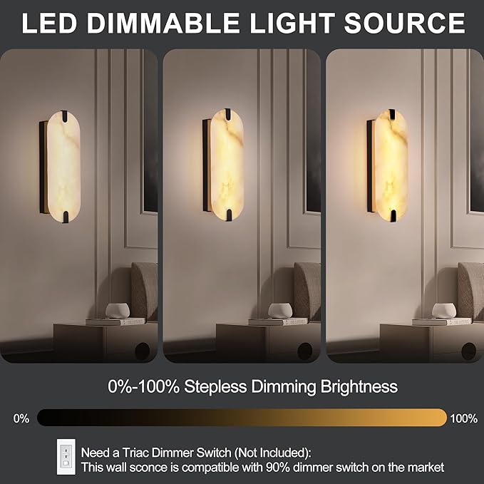 14.17in Alabaster Wall Sconces, Natural Marble Wall Light Set of Two, Modern LED Alabaster Sconces for Living Room Indoor Wall Lamps for Dining Room Stairs Bedroom,Black