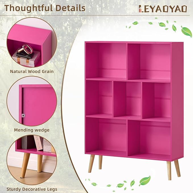 LEYAOYAO 7 Cube Bookshelf,3 Tier Book Shelf with Legs,Pink Modern Bookshelf,Large Freestanding Open Toy Modern Bookshelf,Display Bookcases Decor Furniture for Nursery