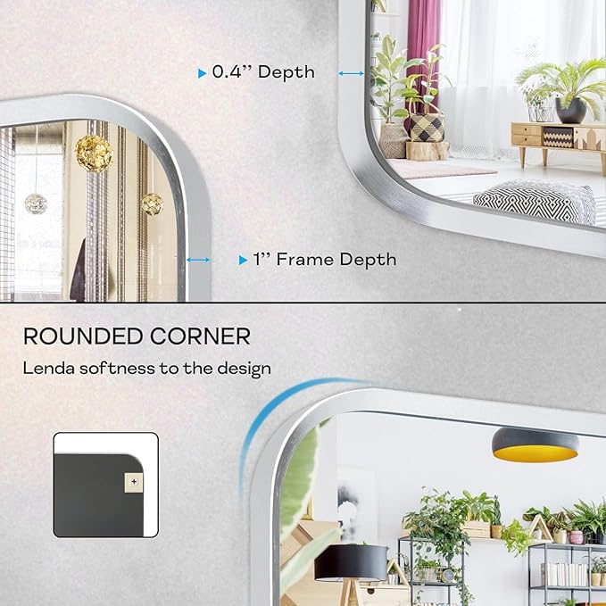 Brushed Nickel Bathroom Wall Mirror, Silver Metal Framed Large Rounded Corner Rectangle Mirror, Tempered Glass, Shatter Proof, Hangs Horizontally or Vertically (30" x 55", Silver)