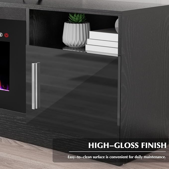 Lemberi Fireplace tv Stand with 36 inch Fireplace Up to 80" TVs,LED Light Entertainment Center and Storage, 70" Modern Wood Media TV Console with Highlight Cabinet for Living Room (Black)