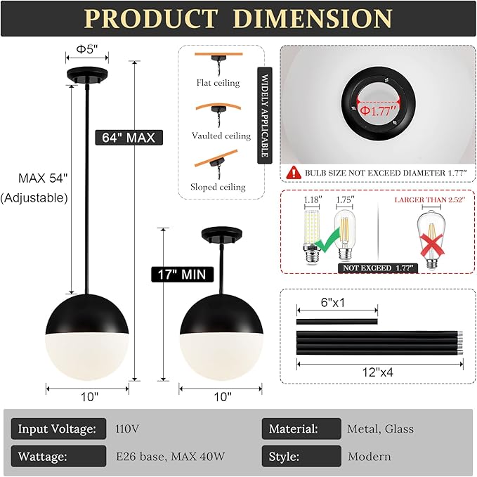 10in Globe Pendant Light Black Large Glass Kitchen Island Pendant Light Fixtures Mid Century Modern Frosted Glass Hanging Light Milky White Ball Pendant Lights for Kitchen Sink Dining Bedroom Entry