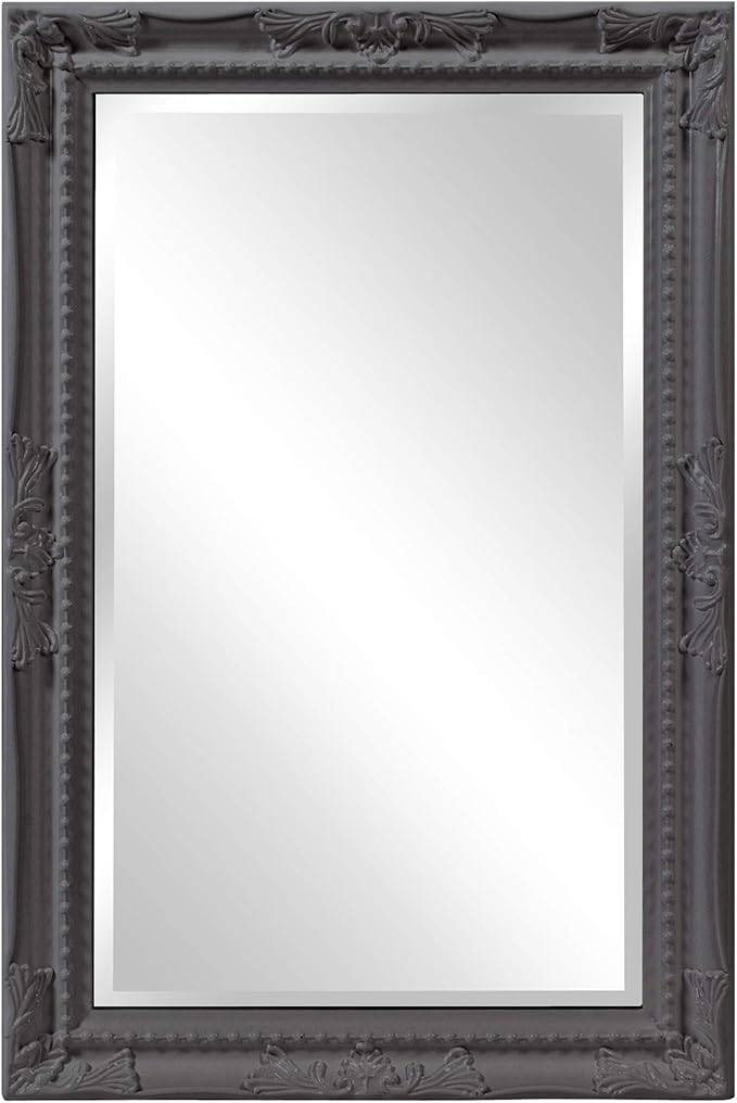Howard Elliott Queen Ann Rectangular Glossy Charcoal Wall Mirror, Rectangle Hanging Wood Framed Vanity Mirrors for Home Decor, Living Room, Bathroom, Bedroom, or Hallway, 24 x 36 Inch