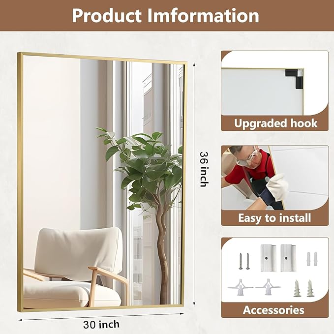 Gold Bathroom Mirror, 30"x36" Rectangle Mirror, Brushed Gold Mirror, Metal Frame Square Corner Vanity Mirror, Wall Mounted Mirror for Modern, Living Room, Bedroom, Horizontal Or Vertical