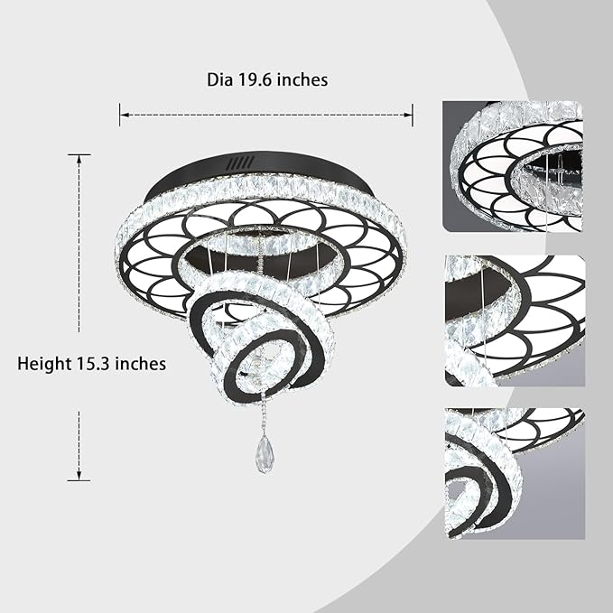 Flashing God Dia 20" Crystal Chandelier Crystal Black Ceiling Light Fixtures LED Flush Mount Ceiling Light for Living Room Bedrooms Dining Room Dimmable 2700k 4500k 6000k