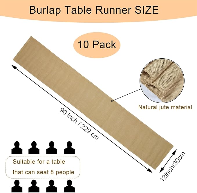 10 Pack 12 x 90 Inch Natural Burlap Table Runners,Rustic Jute Table Runner and Placemats Bulk for Western Wedding Table Decorations,Farmhouse Style Party,Thanksgiving,Kitchen Table Decor