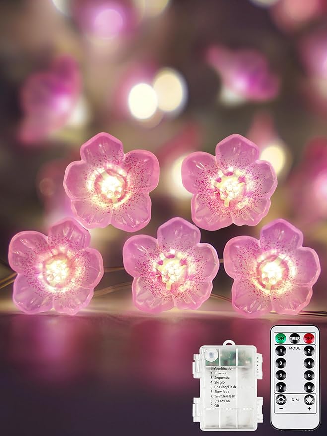 Cherry Blossom Flower String Lights for Bedroom, Pink Fairy Lights Battery Operated with Remote &amp; 8 Modes &amp; Timer, 10ft 30 LED Waterproof String Light Indoor Outdoor for Wedding Home Christmas Decor