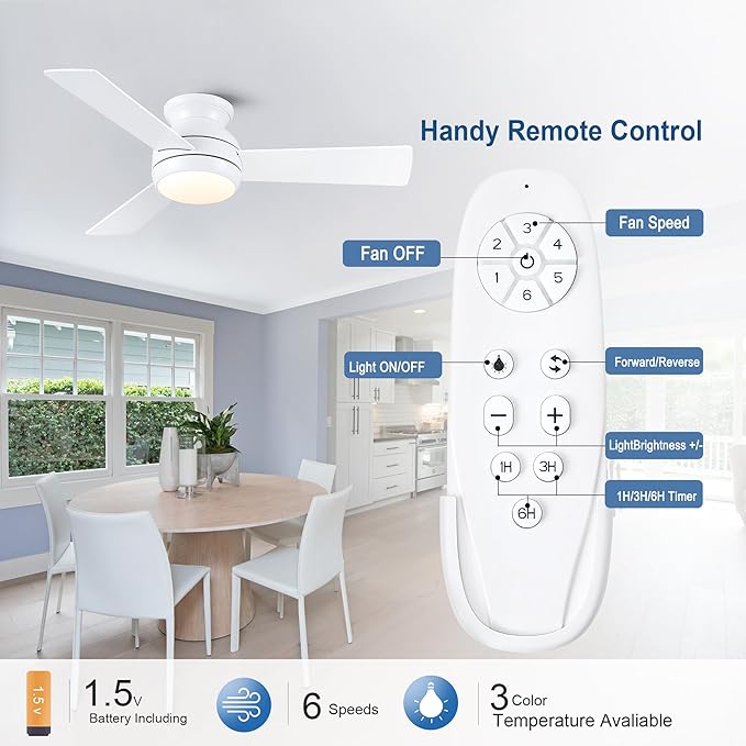 42 Inch Ceiling Fans with Lights and Remote, White Low Profile Ceiling Fan with Light, Flush Mount, Reversible, 6 Speeds, 3CCT Dimmable, Bedroom Indoor/Outdoor Patios Use