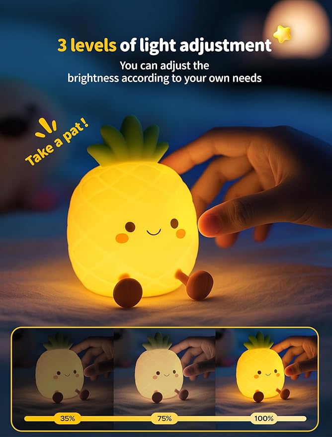 Night Light, Nursery Night Light for Kids, Bedside Touch Lamp, Cute Silicone Nightlight for Baby Toddler, 3 Level Dimmable Soft Night Lamp Gift for Bedroom Kids Room Decor (Pineapple)