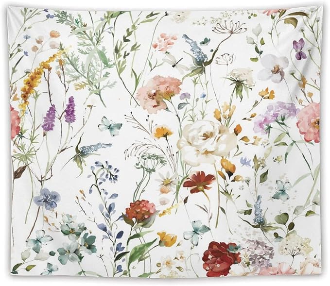 Kurtect Floral Tapestry,Colorful Watercolor Spring Flowers Botanical Theme Print Tapestries for Living Room Party Beach Picnic Blankets Tablecloths Wall Decor, 50x60 in