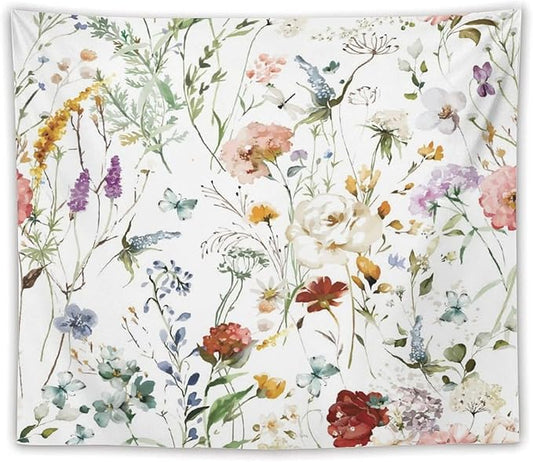 Kurtect Floral Tapestry,Colorful Watercolor Spring Flowers Botanical Theme Print Tapestries for Living Room Party Beach Picnic Blankets Tablecloths Wall Decor, 50x60 in