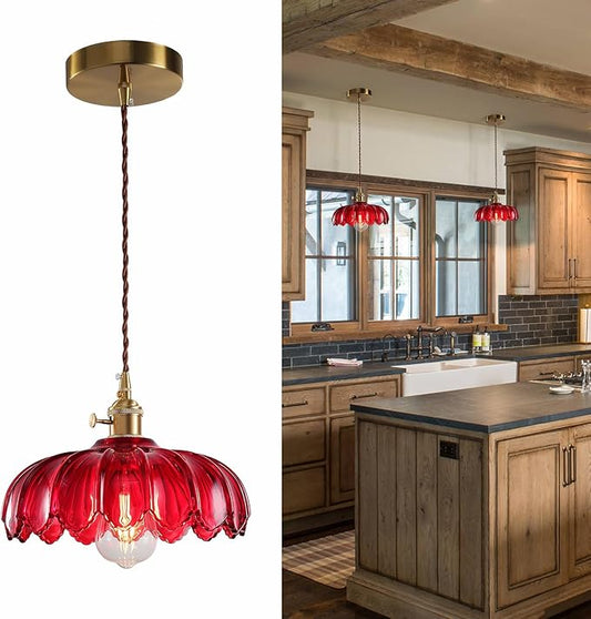 Glass Pendant Lights Kitchen Island: Vintage Red Pendant Light Fixtures Dining Room Light Fixtures Over Table, Pendant Lighting for Kitchen Island, Schoolhouse, Entryway, Foyer, E26