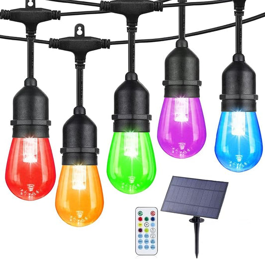 24FT Solar Outdoor String Lights, 12 Shatterproof E26 Edison LED Bulbs, Dimmable RGB Color Changing Patio Lights with 8 Modes, IP65 Waterproof & Remote for Weddin & Commercial Use