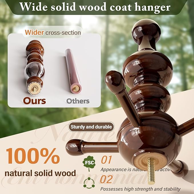 Coat Rack with 8 Hooks, Hall Tree Freestanding with Tray, Wood Coat Tree Heavy Duty with Round Base, Standing Coat Rack, Load Capacity 220 lb, Coat Hanger Stand for Entryway Hallway Office (020-HTS)