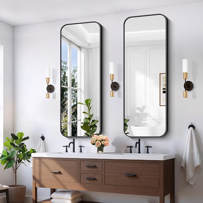 FORBATH Bathroom Mirror 20" x 55", Rectangle Black Bathroom Mirror with Black Aluminum Frame Rounded Corner, Wall Mounted Mirror for Bedroom Entryway Living Room