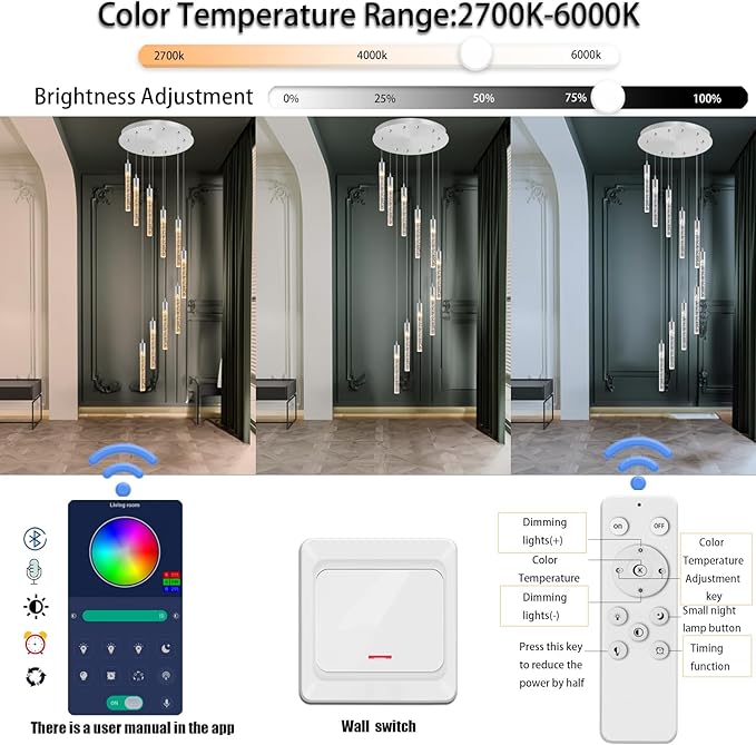 Flashing God Modern Crystal Chandelier Dimmable LED Silver Ceiling Light Crystal Bubble Pendant Lights High Ceiling Chandelier for Living Room Lobby Staircase Chandeliers LED Dimmable 2700K-6000K