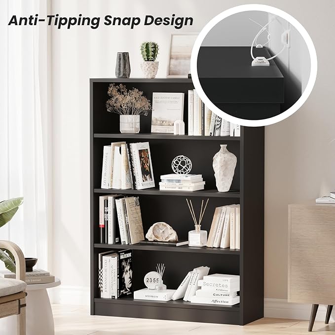 Farini 4 Shelf boockase Display Bookcase Freestanding Wooden Bookshelves for Home Office Living Room,48 Inch Height,Black