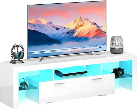 71 inch Modern High Gloss LED TV Stand with Storage for 55 60 65 70 75 80 inch TV, Gaming Entertainment Center for PS5, TV Cabinet with Glass Shelves for Living Room, Bedroom, White