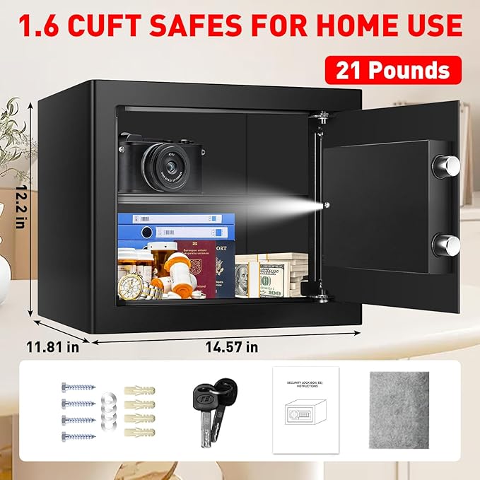 1.6 Cub Fire Proof Safe for Home Documents, Anti-Theft Digital Security Box with Electronic Keypad Lock and Spare Key, Small Safes for Home Use Fire and Water proof for Money Jewelry Valuables