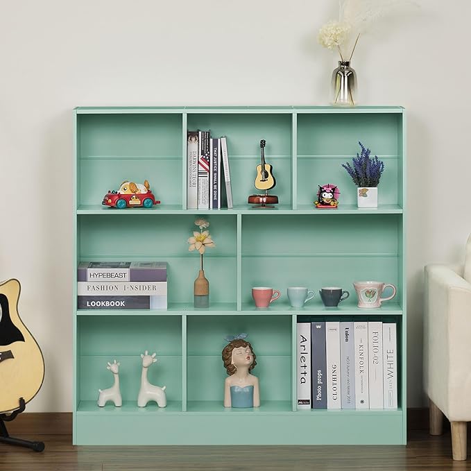 LEYAOYAO 8 Cube Bookshelf with Base,3 Tier Modern Mint-Green Kids Bookcase,Standing Wide Bookshelfs Storage Organizer Toy Shelf,Wood Display Children's Book Shelves for Bedroom,Living Room,Nursery