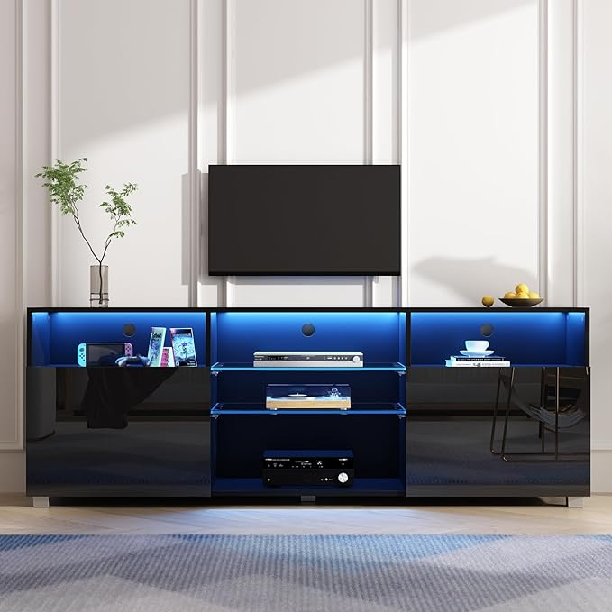 St.Mandyu LED TV Stand for 65/75 inch TV, Modern Television Table Center Media Console with Drawer and Led Lights, High Glossy Entertainment Center for Living Game Room Bedroom(Black)¡