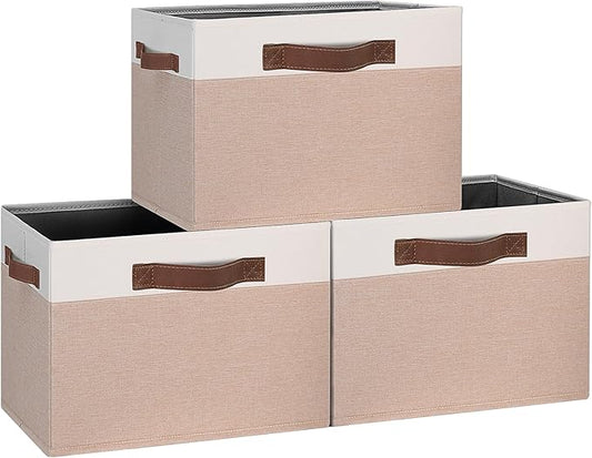 GhvyenntteS Large Fabric Storage Bins with 3 Handles, 15x11x9.6 Inch Storage Baskets for Shelves, Foldable Closet Storage Bins for Shelves, Closet Organizers and Storage Boxes, Beige Yellow&amp;White
