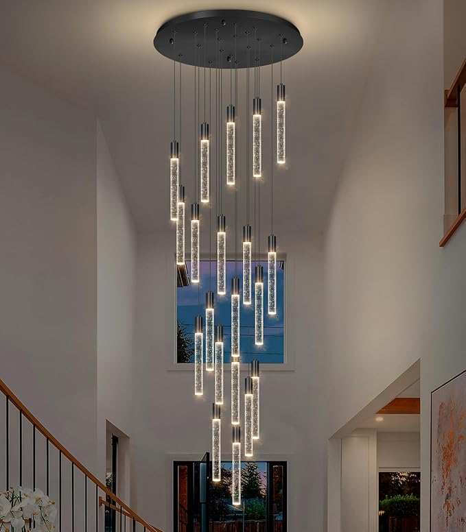13 Foot High Ceiling Chandelier for Entryway Modern Crystal Lights for Living Room Foyer Flush Mount Sloping Ceiling Pendant Light Fixture Remote Dimmable 20-Lights Black