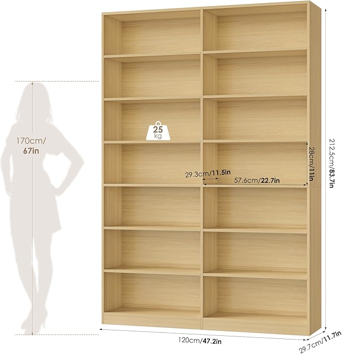 83.6" Tall Bookshelf and Bookcase, 7-Tier Extra Large Bookshelf with Double Storage, 14 Open Display Shelves for Home Office, Study and Living Room, Natural