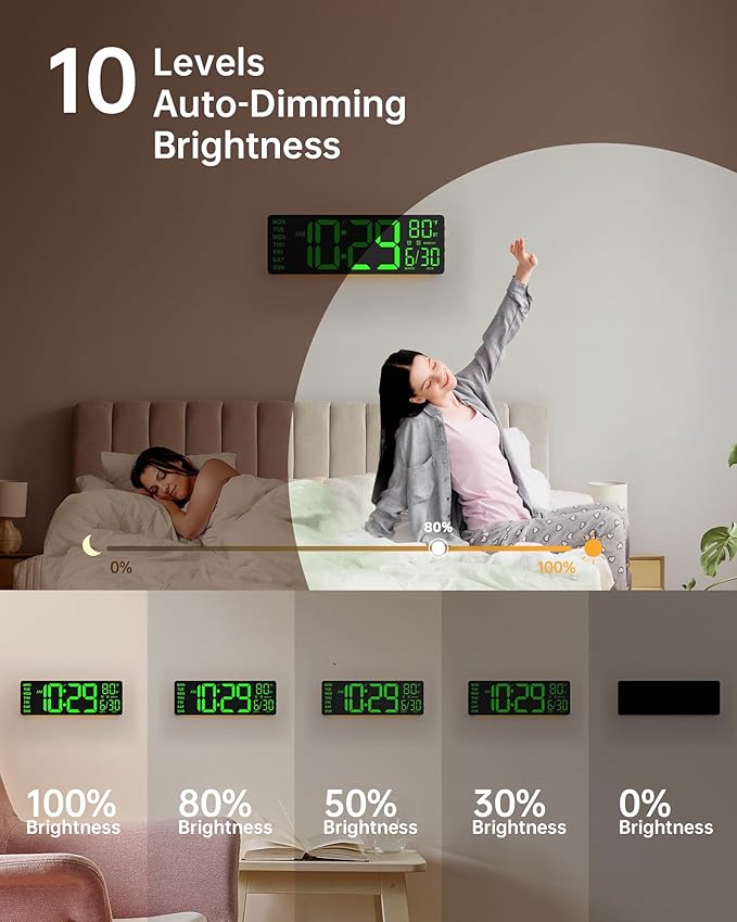 12" Digital Wall Clock for Classroom Livingroom Game Home Decor with LED Display RGB Lights, BIuetooth Sync, Dual Alarms, Auto DST, Countdown, Remote Control, Temperature