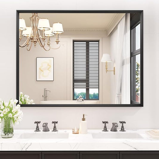 40x36 Inch Bathroom Mirror, Matte Black Framed Rectangle, 4MM Tempered Glass, Anti-Rust, Wall-Mounted Vanity Mirror for Bathroom &amp; Bedroom - Hangs Horizontally or Vertically