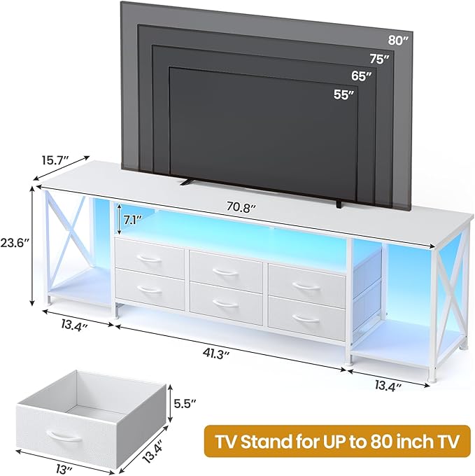 BTHFST TV Stand with LED Lights & Power Outlets, for TVs up to 85 Inches, 6 Fabric Drawers Entertainment Center with Open Storage Shelves, 71" TV Media Console Table for Living Room, Bedroom, White