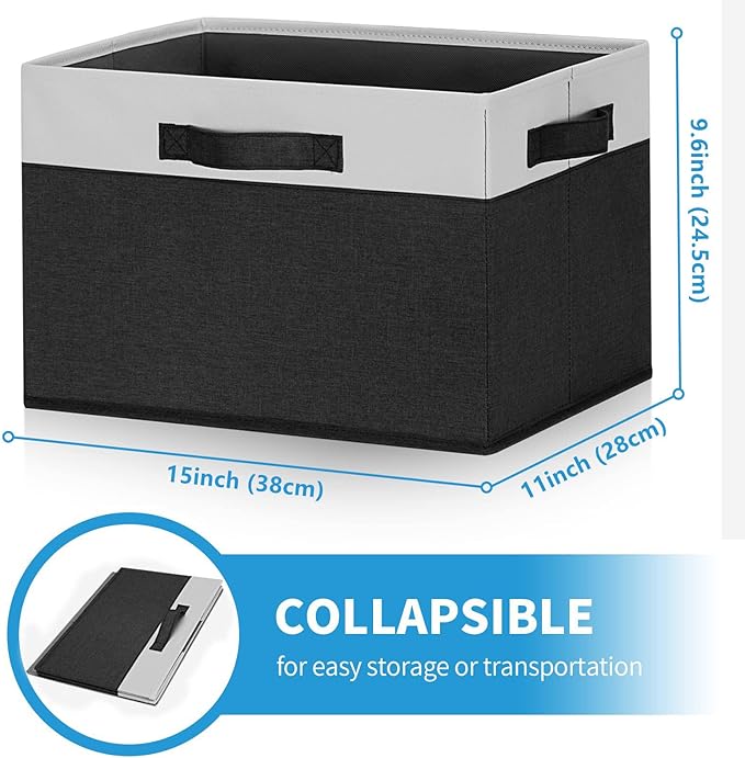 GhvyenntteS Large Storage Baskets for Shelves 3 Pack, Collapsible Fabric Storage Bins with 3 Handles, Decorative Closet Organizers and Storage bins for Clothes Blanket Beddings (Black, 15"x11"x9.6")