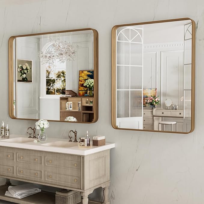 LOAAO 40X30 Inch Bathroom Mirror with Wood Grain Colored Metal Frame, Rounded Rectangle Metal Framed Bathroom Mirror, Anti-Rust, Hangs Horizontally or Vertically, Tempered Glass