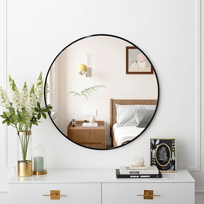 24 inch Round Black Mirror,Brushed Metal Framed Wall Mirror for Bathroom Vanity, Bedroom Decor, Living Room, Entryway