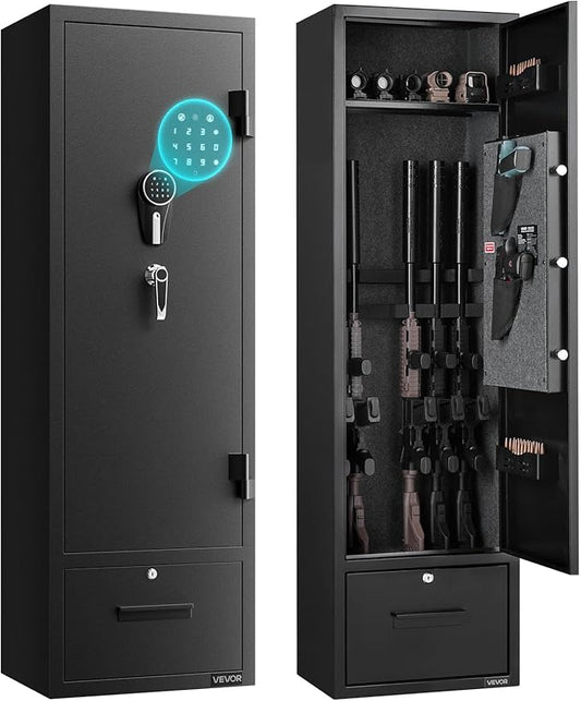 VEVOR 4 Gun Safe, Long Gun Cabinet for Rifles and Pistols, Quick Access Fireproof Rifle Safe with 2 Ammo Slots, 2 Pistol Pockets & 2 Adjustable Racks, Large Digital Cabinet with Key and Password Lock