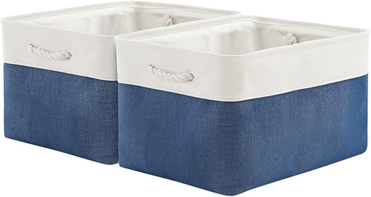 Organization and Storage Bins for Shelves - 2 Pack 17X15X12 inch Canvas Storage Cubes Collapsible Baskets for Organizing with Handles, Storage Box for Cloth Decorative (White &amp; Blue)