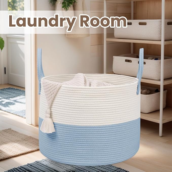 Woven Blanket Basket,115L Large Rope Storage Bin with Handles, Organizer for Blankets Toys Book and Clothes, Laundry Basket for Living Room Bedroom Nursery,White&amp;Blue