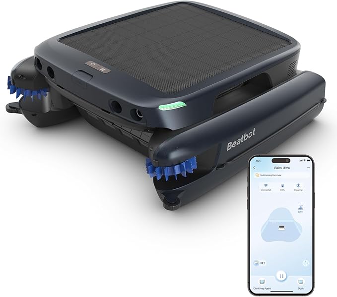 (2025 Upgrade) Beatbot iSkim Ultra 24/7 Cleaning Solar Powered Pool Skimmer with Water Clarification System & APP Control, Voice Broadcast, Dual Charging Options, Edge & Corner Cleaning, Sky Blue